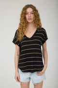 Plus Stripe V Neck Cuffed Short Sleeve Knit Top