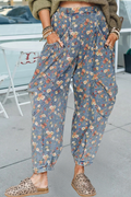 Retro Floral Print Elastic Waist Pocketed Barrel Jeans