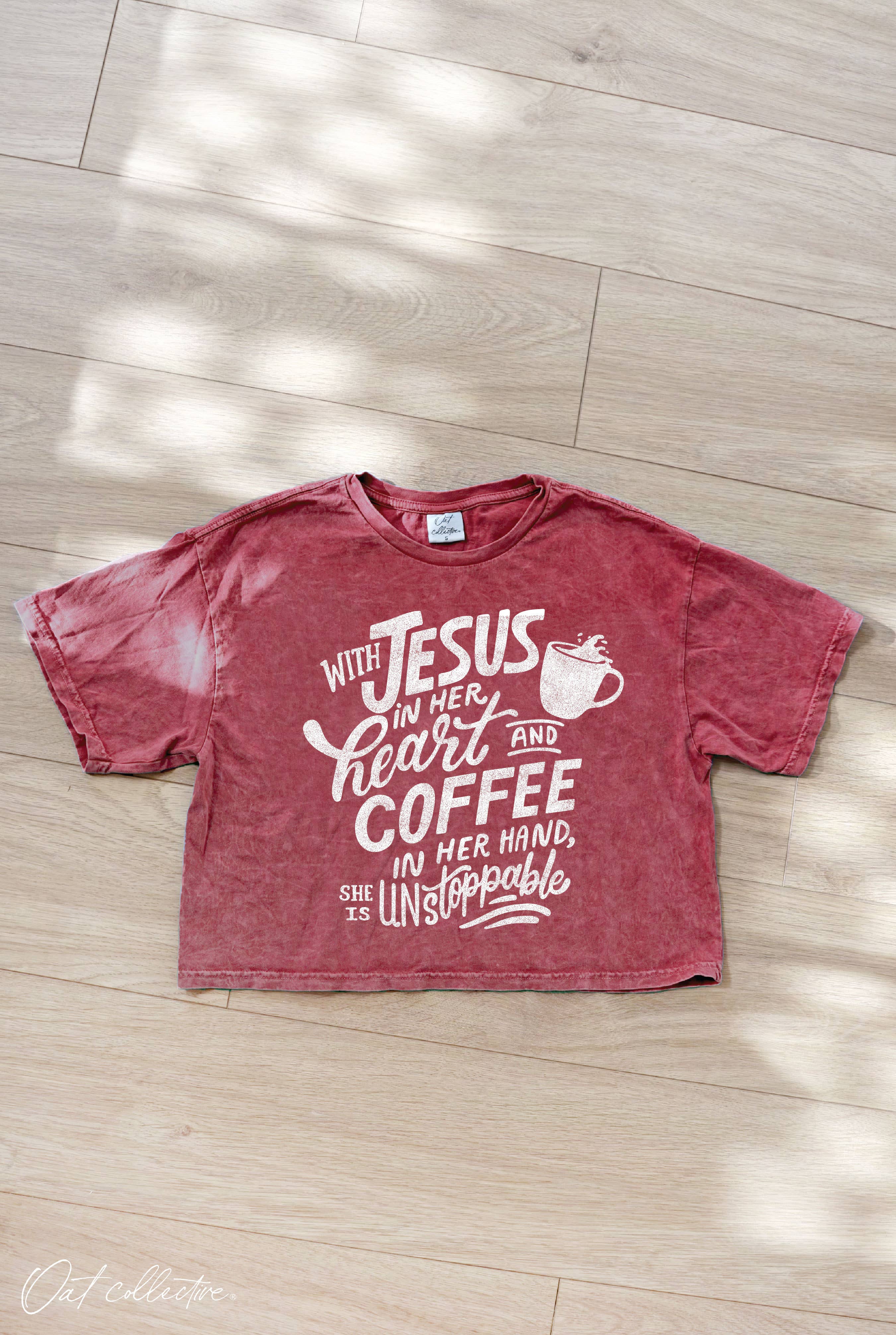 With Jesus in Her Heart  Cropped Mineral Washed Graphic Top