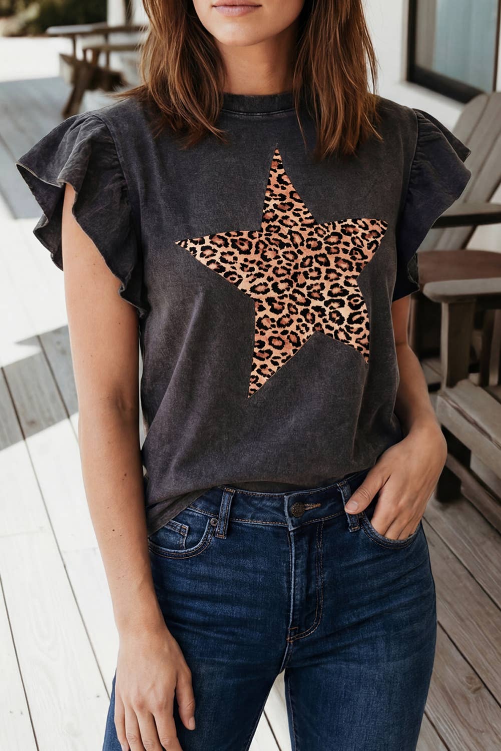 Leopard Star Printed Ruffled Sleeve Mineral Wash Tee (S-Xl)