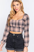 ..SI-23248 Fitted Long Slv Plaid Print Woven Crop Top