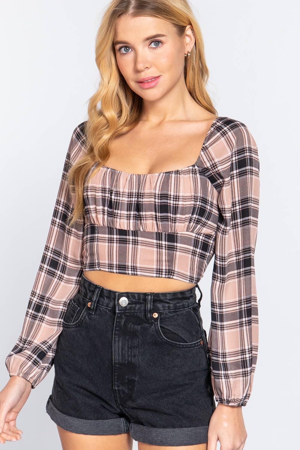 ..SI-23248 Fitted Long Slv Plaid Print Woven Crop Top