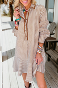 Stripe Shirt Collar Embroidered Trim Ruffle Hem Dress (S-Xl)