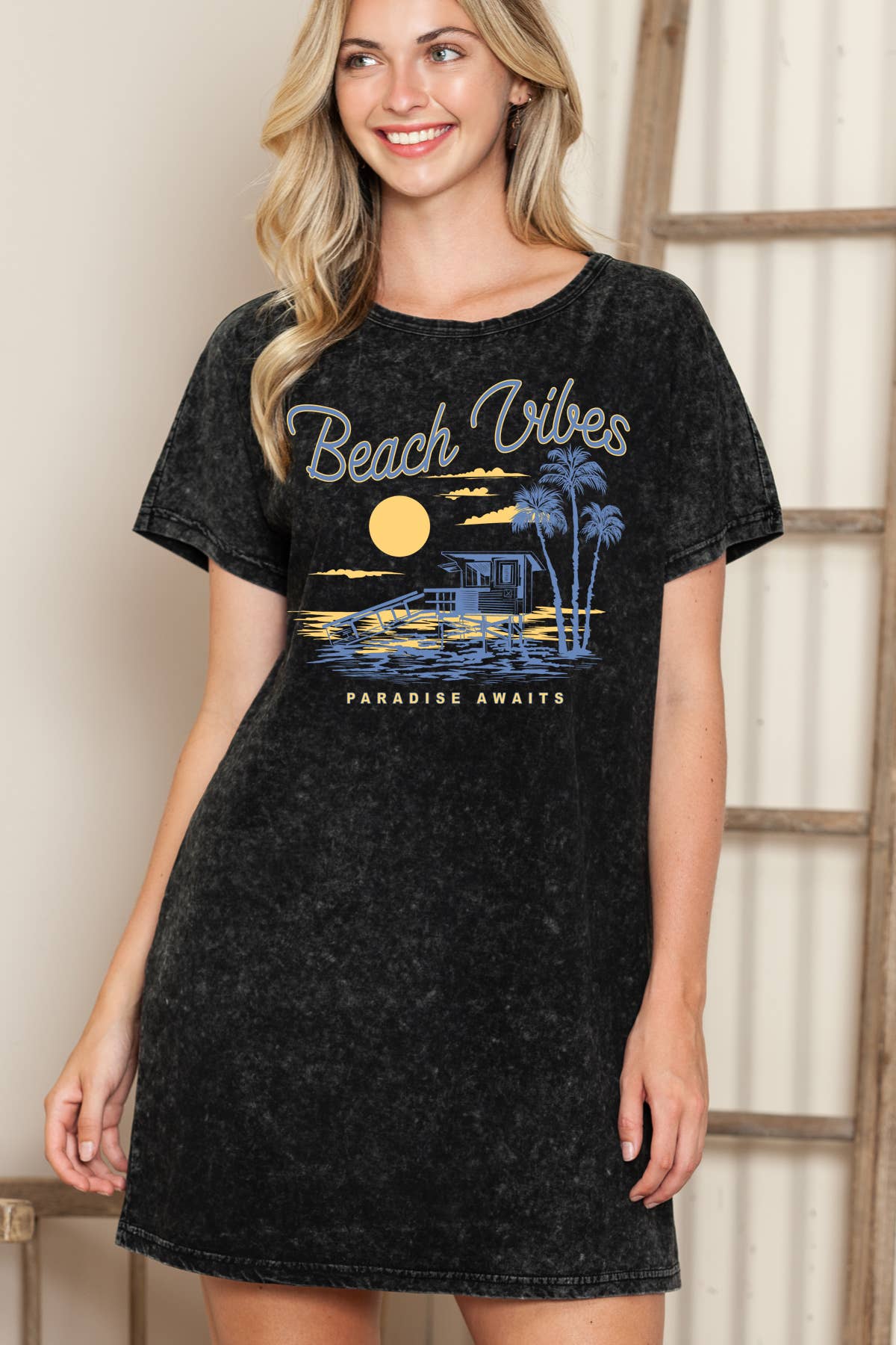 Women Beach Vibes Graphic Print Mineral Wash Dress