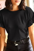 Solid Color Ribbed Ruffled Short Sleeve T Shirt (S-2XL)