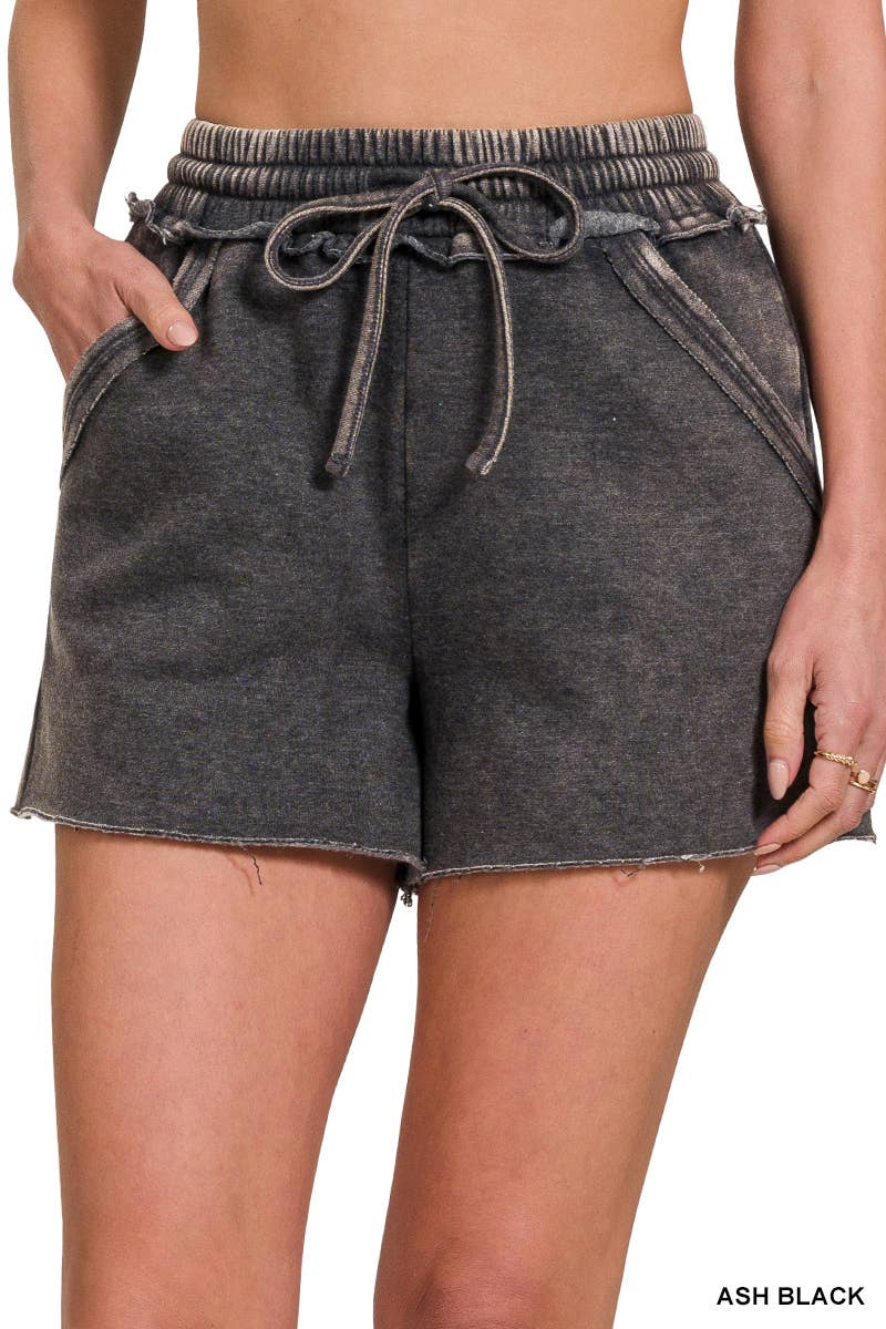 `.Washed Fleece Drawstring Shorts with Pockets