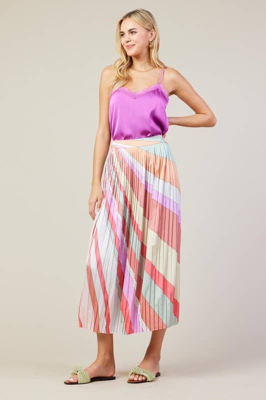 Pleated Multi-Stripe Midi Skirt
