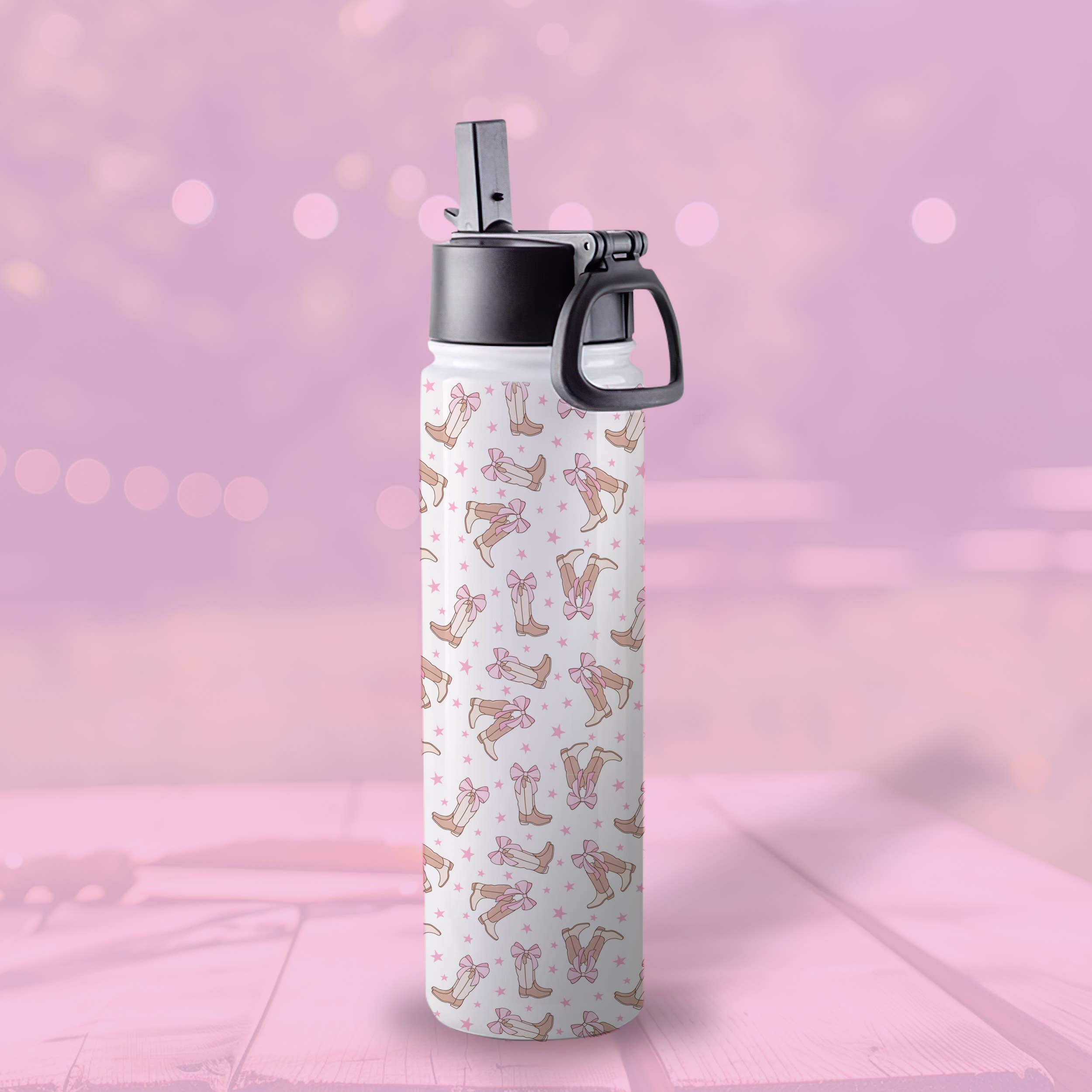 Cowboy Boot & Bow Pattern 22oz Travel Water Bottle