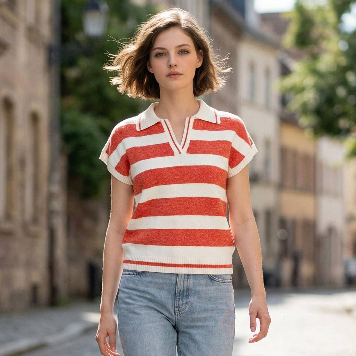 ...0211 Striped Collared Short Sleeve Sweater SI-29490
