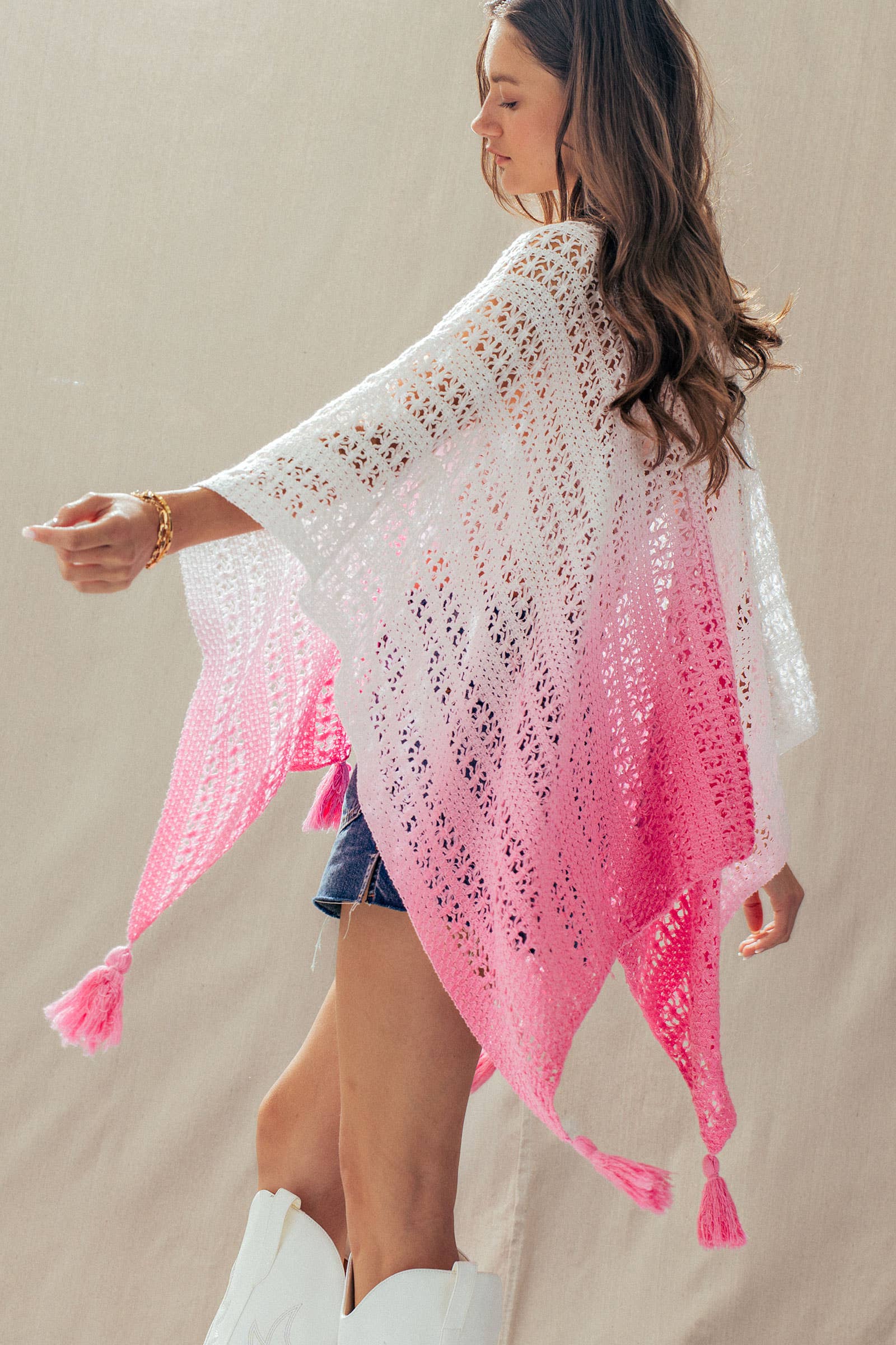 Ombre Crochet Knit Poncho Tassel Cover-Up