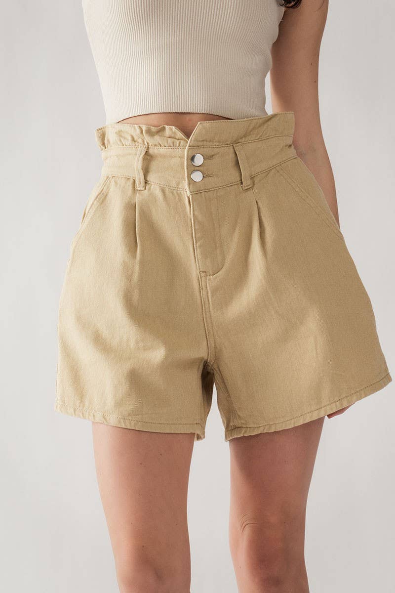 Double Button Paper Bag Pleated Bermuda Shorts
