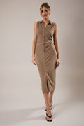 Collared Waist Ruching Detail Button Down Midi Dress