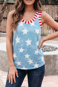 Tie Dye Star Print Striped Trim Round Neck Tank Top (S-Xl)