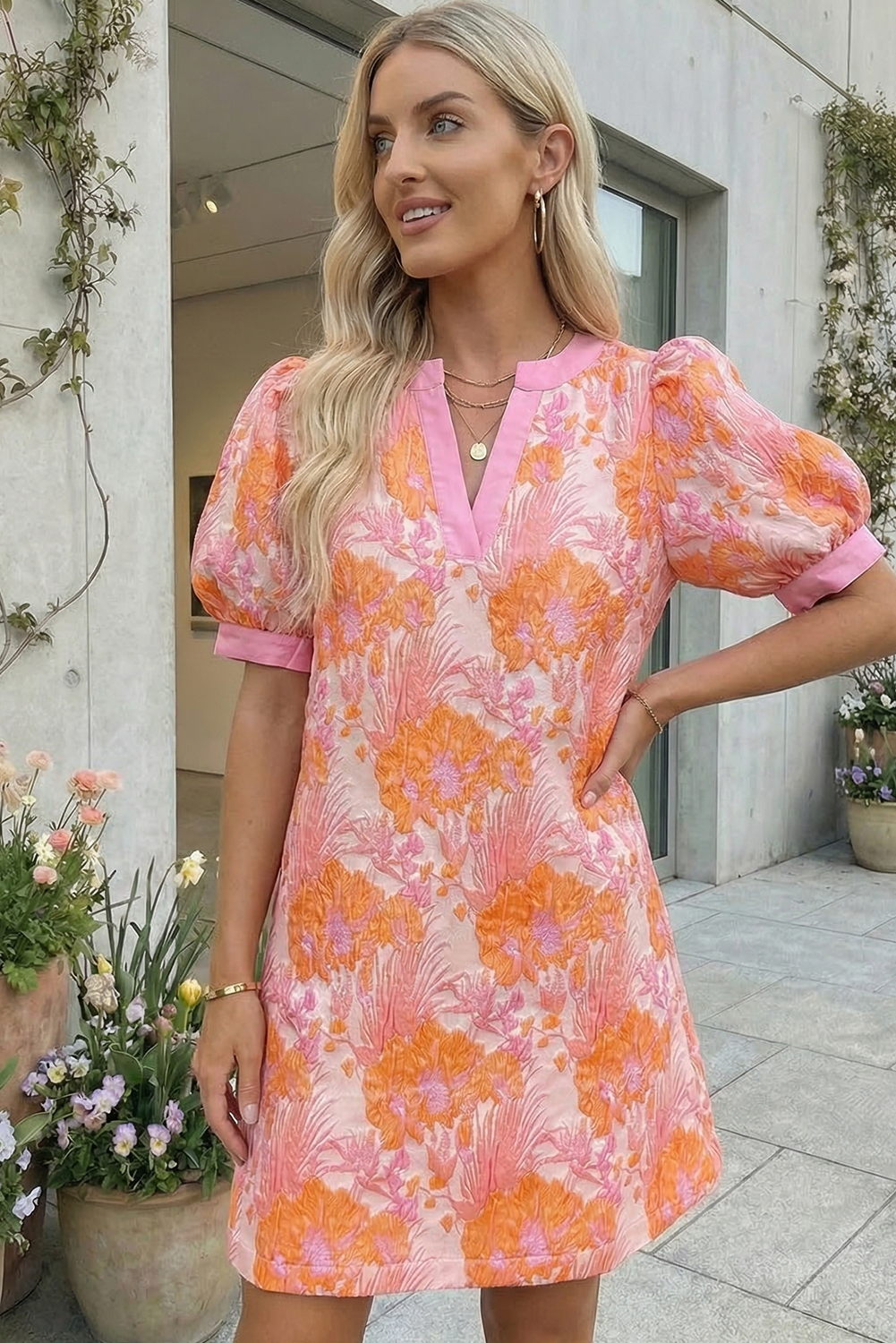 Floral Jacquard Colorblock Trim Puff Sleeve Dress (S-Xl)