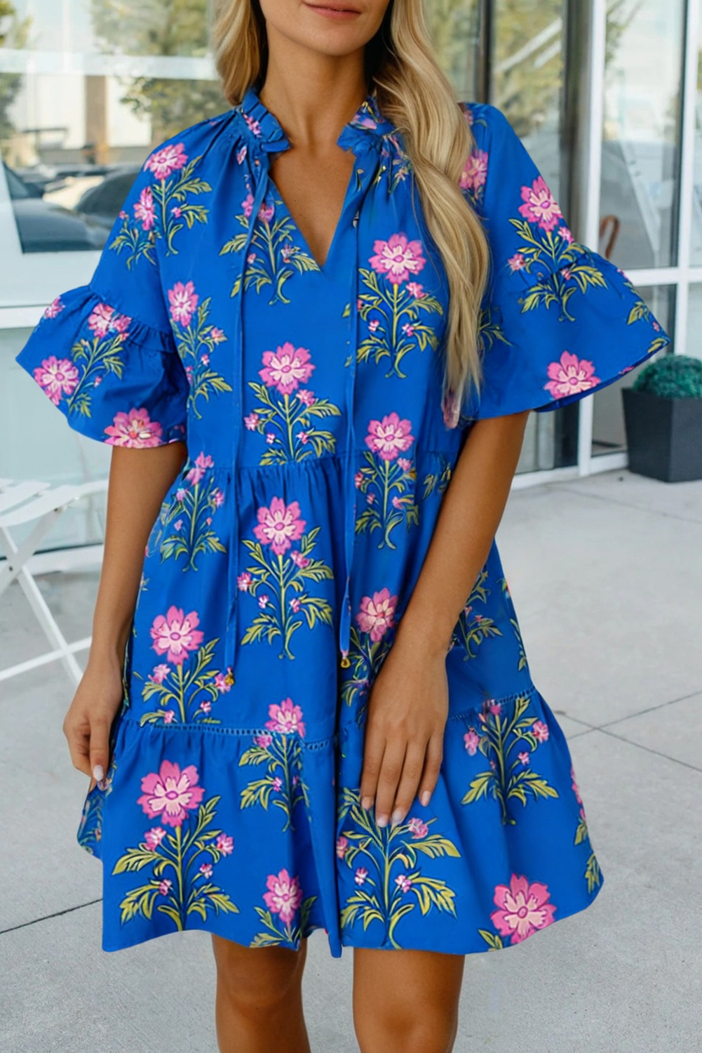 V Neck Short Sleeve Loose Flower Dress (S-Xl)