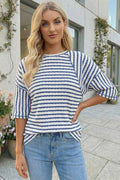 Stripe Textured Knit Split Hem Half Sleeve Loose Top (S-4X)