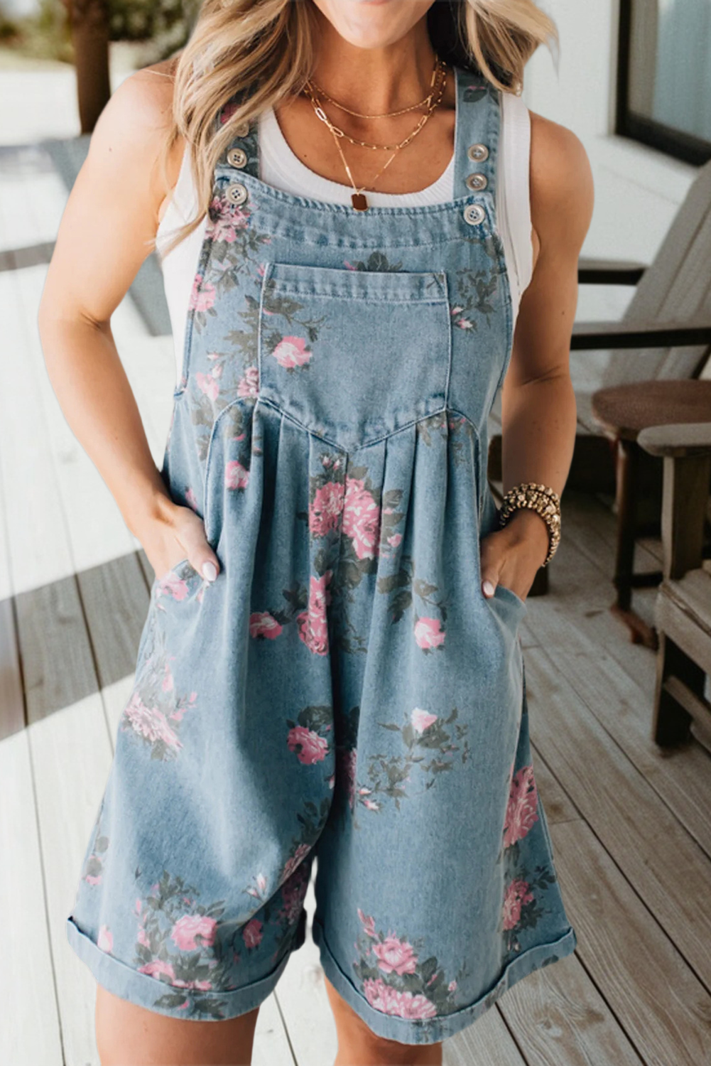 Floral Print Denim Shortalls (S-Xl)