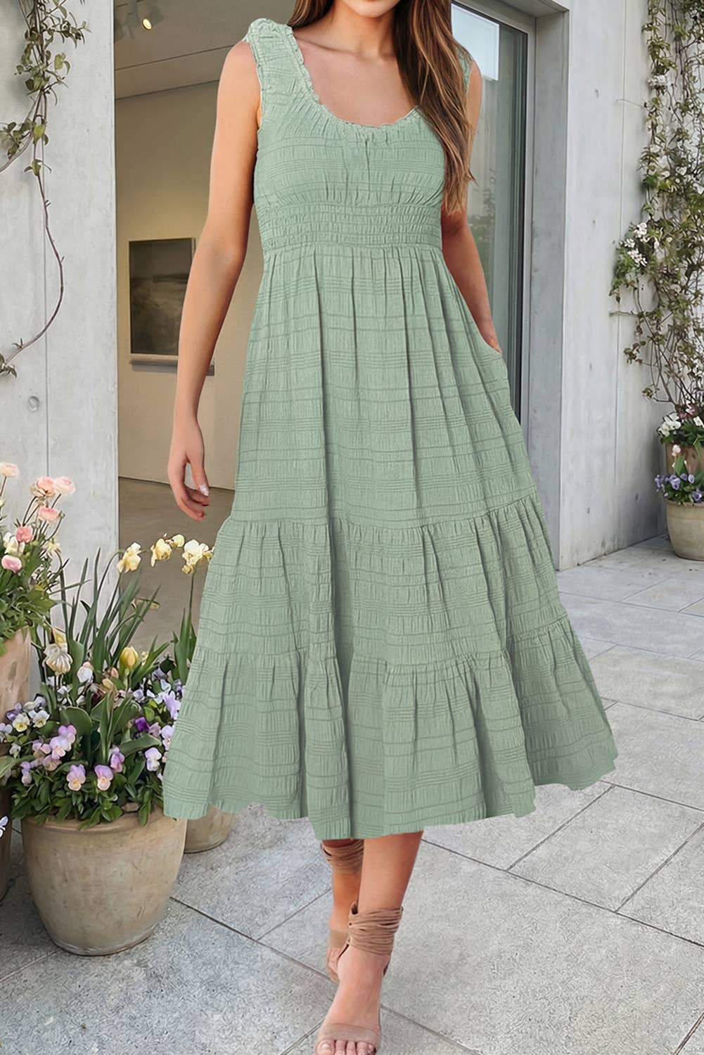 Shirred Pleated Square Neck Sleeveless Midi Dress (S-Xl)