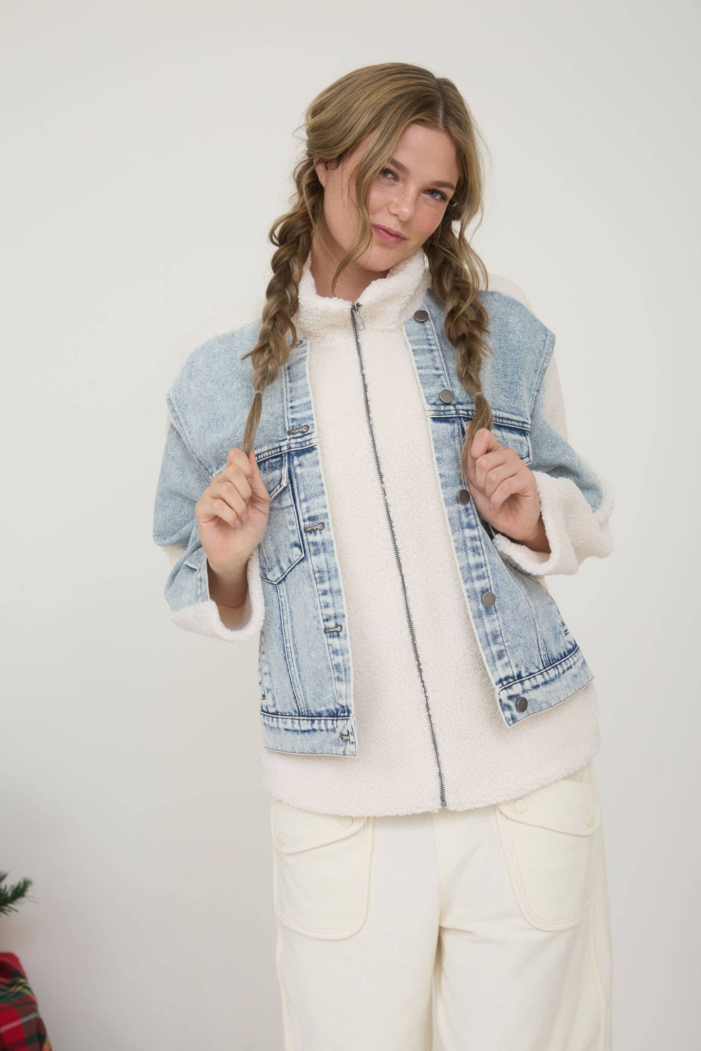 Teddy and Denim Mixed Media Zip-Up Jacket