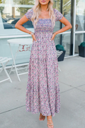Floral Bubble Sleeve Shirred High Waist Maxi Dress (S-Xl)