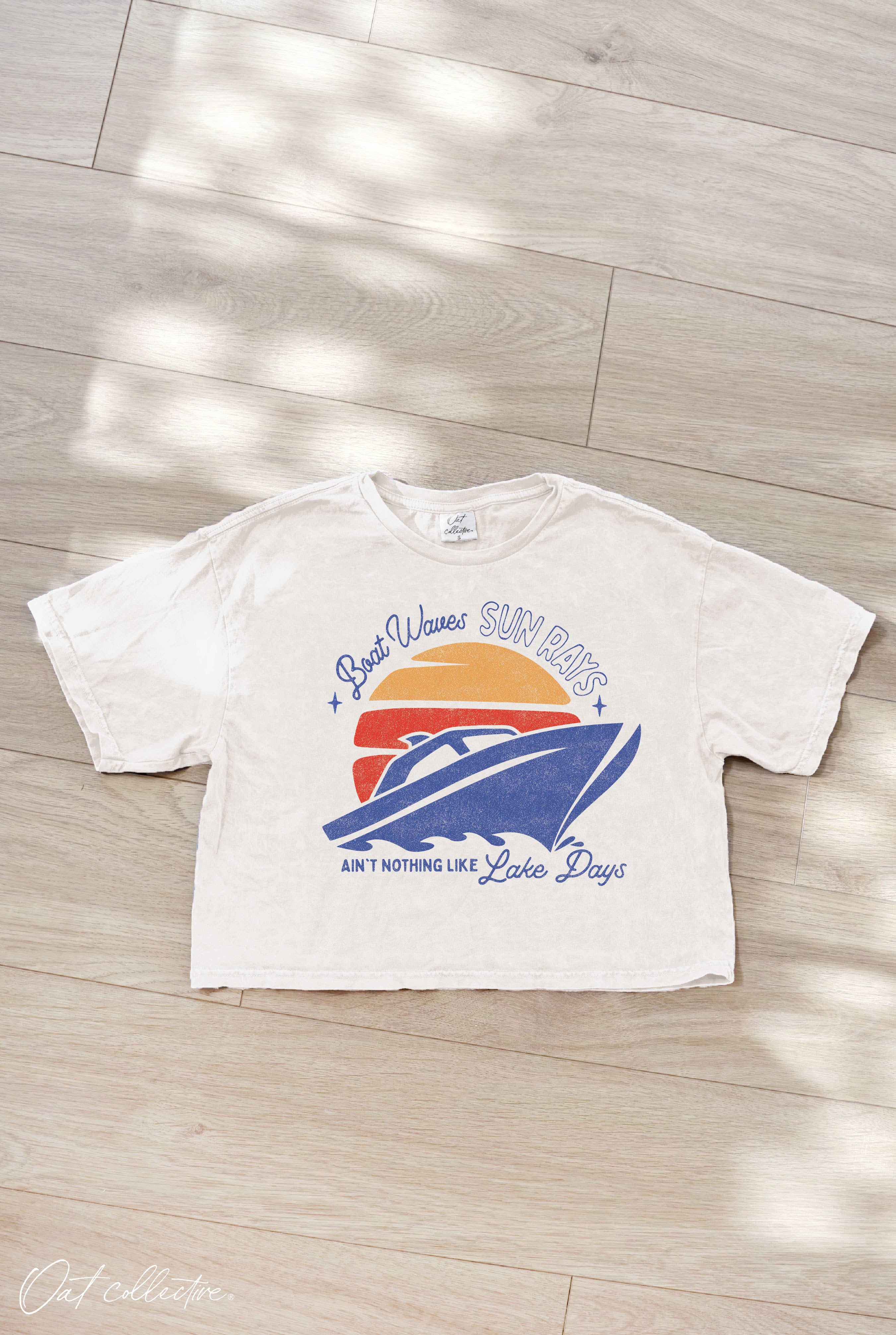 Boat Waves and Sun Rays Cropped Mineral Washed Graphic Top