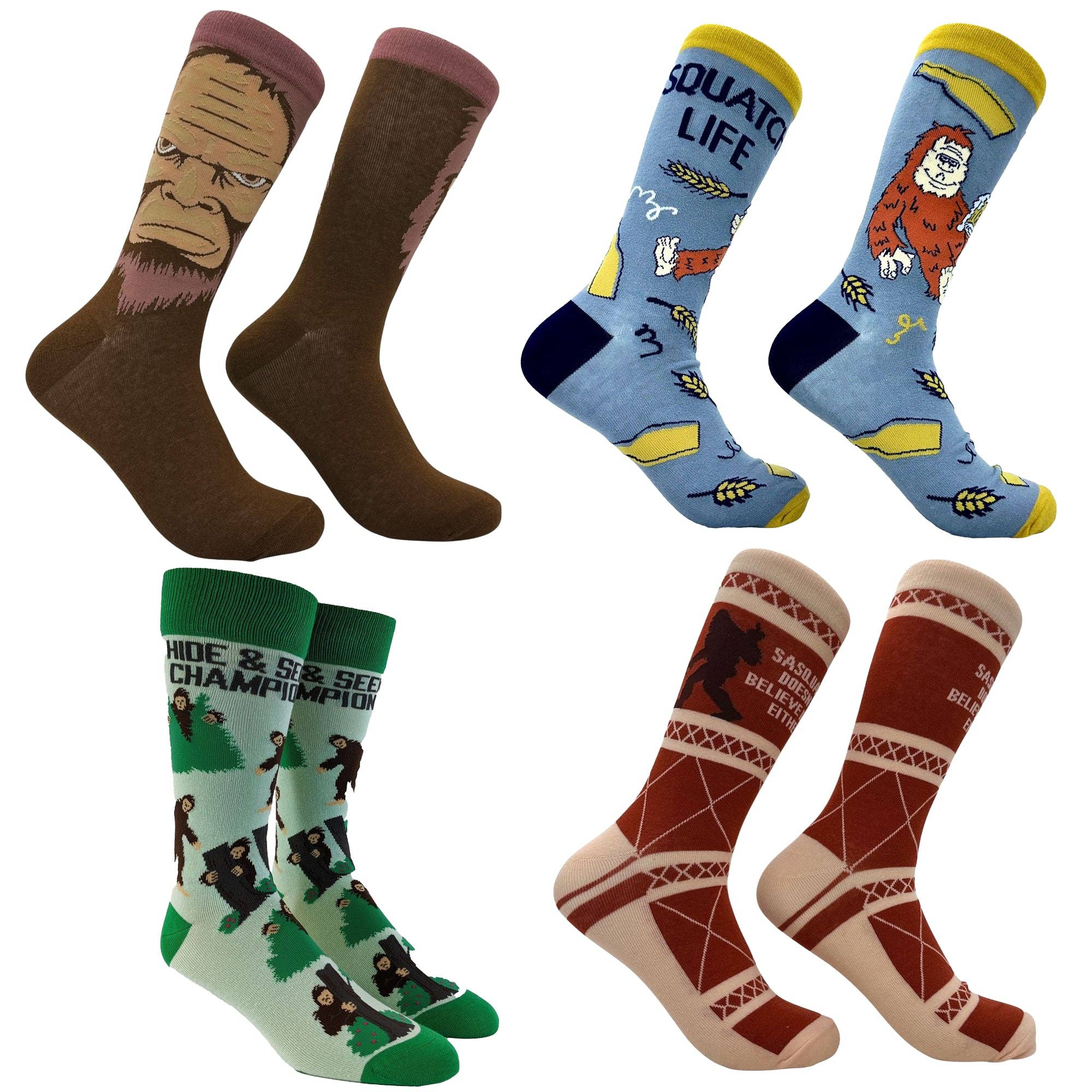 Men's Sasquatch Socks Bundle (4 Pack) Funny Sarcastic Bigfoot Graphic Footwear For Men