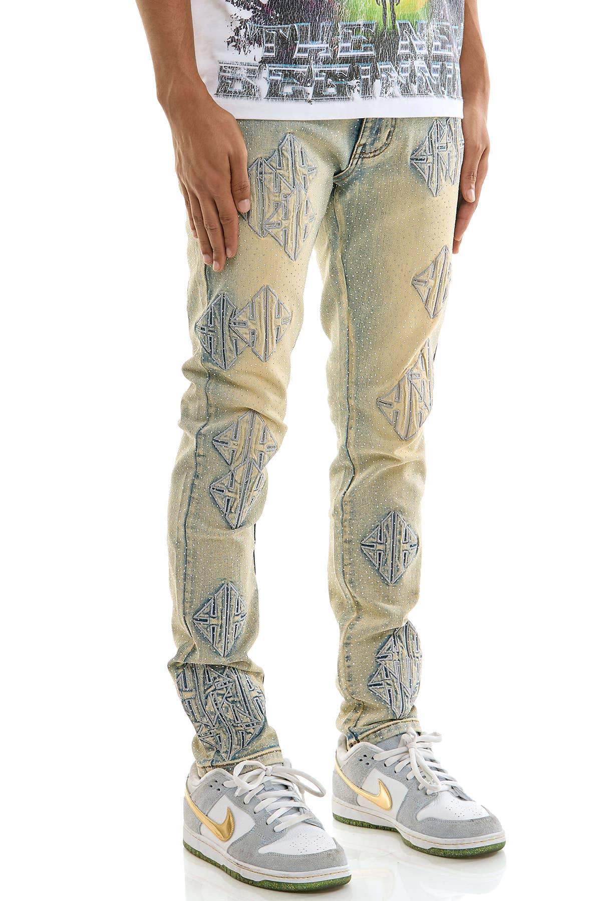 Patch + Rhinestone Skinny Jeans/Pants