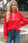 66 Mock Neck Striped Trim Ruffle Split Neck Blouse (S-Xl)