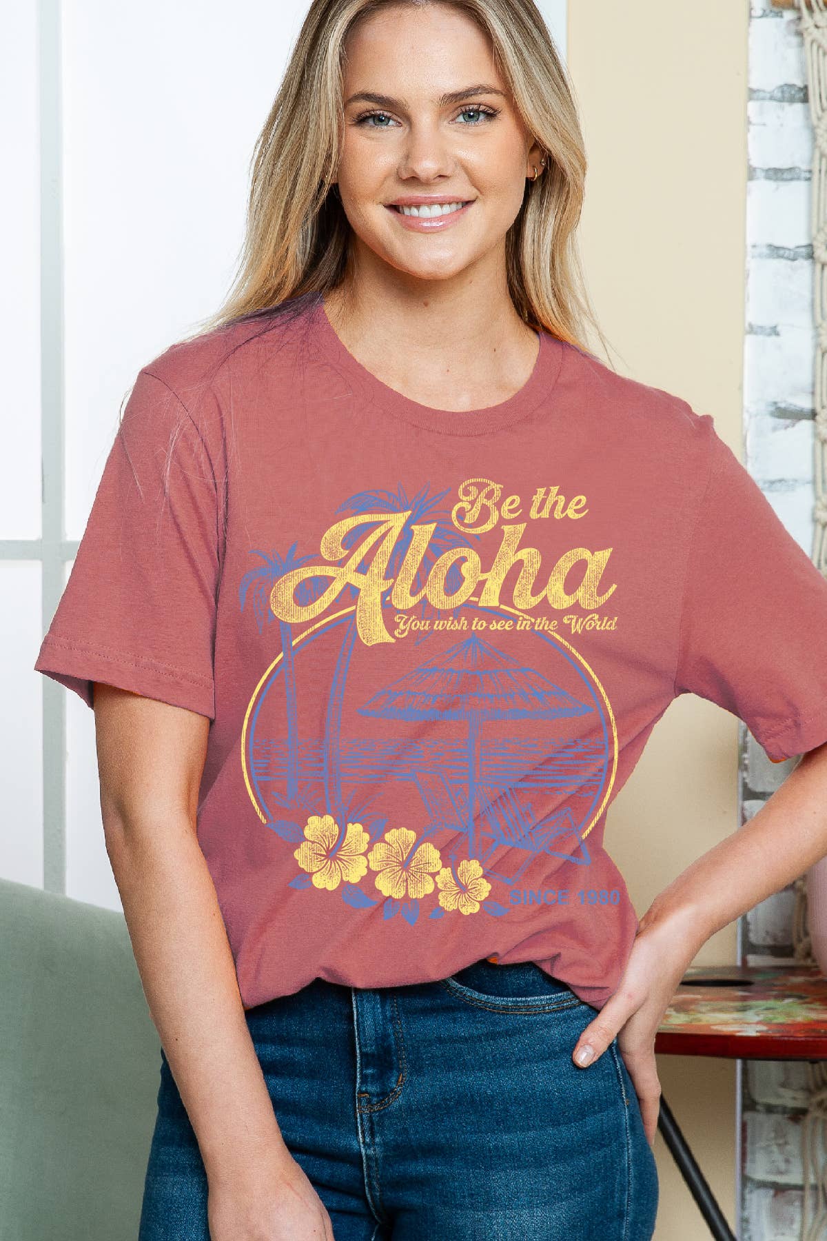 Women Aloha Graphic Print Short Sleeve Solid Top