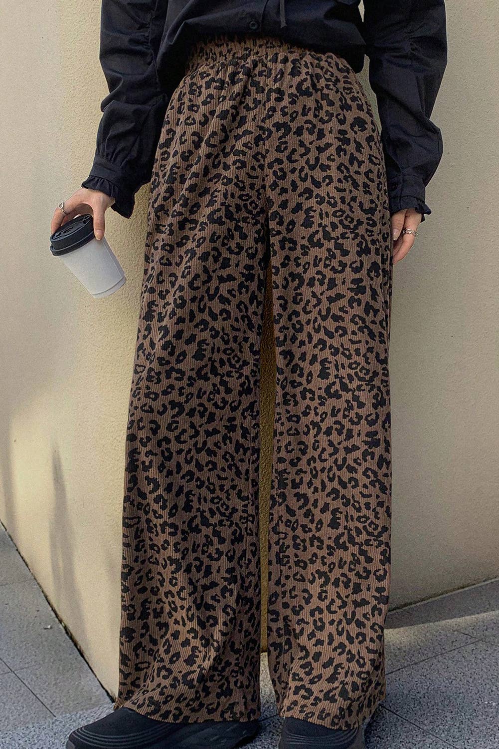 Leopard Print Elastic High Waist Loose Corduroy Pants (S-Xl)