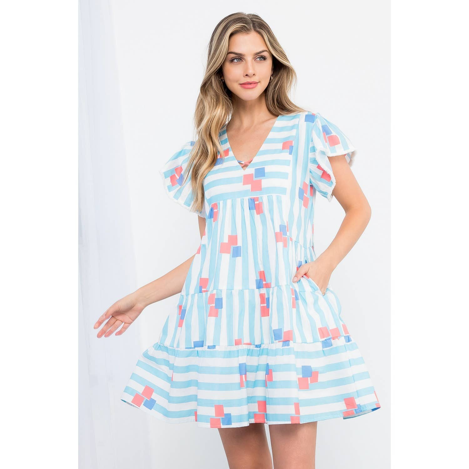 Flutter Sleeve Stripe Print Dress