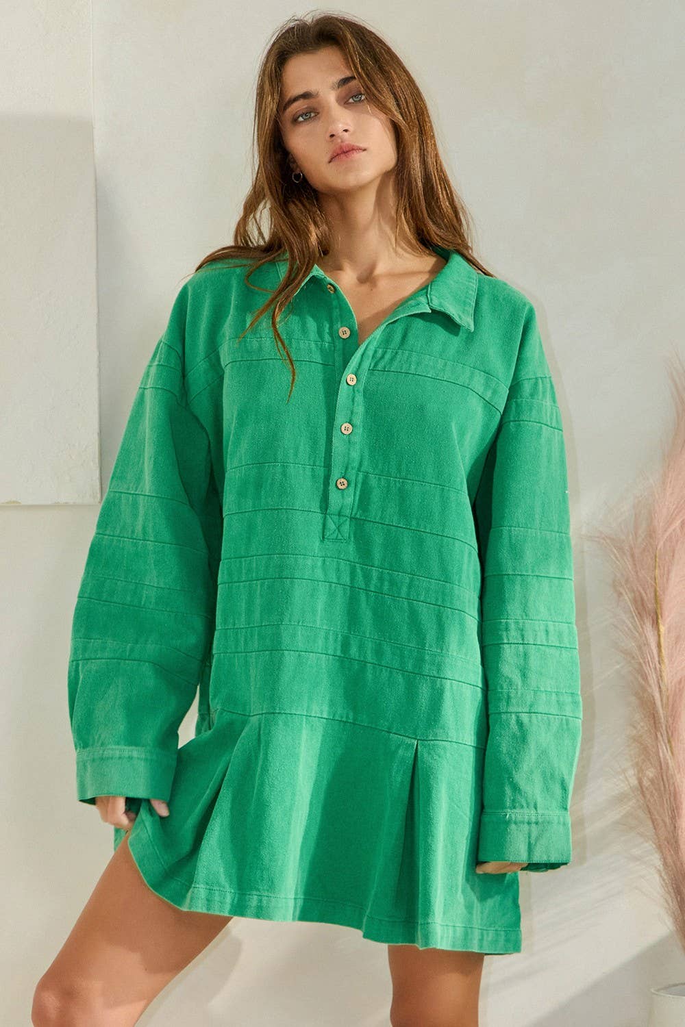 ID4297 Pleated Hem Button-Up Solid Woven Dress