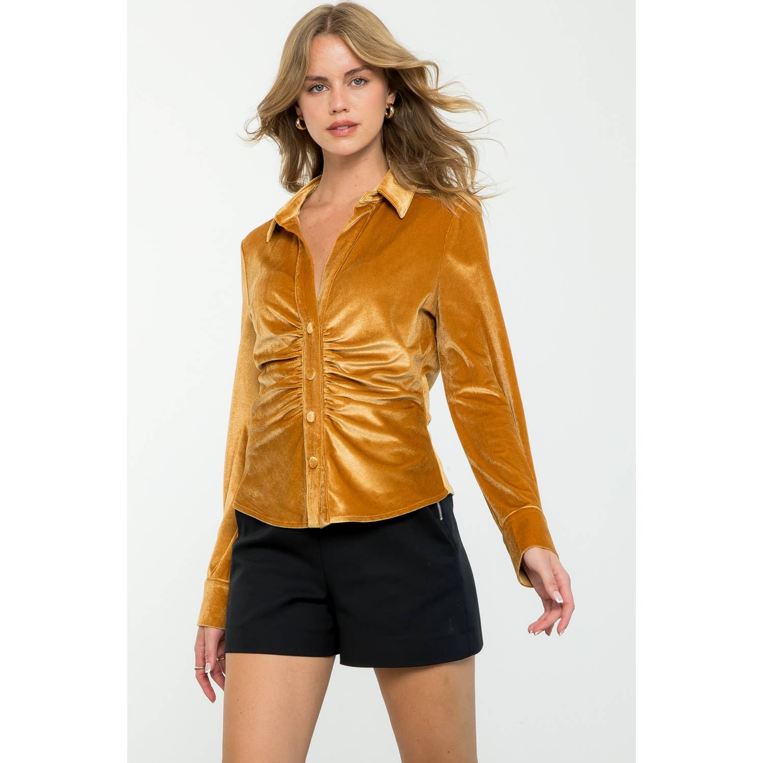 Velvet Button Up Long Sleeve Top