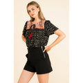 Black Mixed Media Short Sleeve Top with Tassel Tie Detail