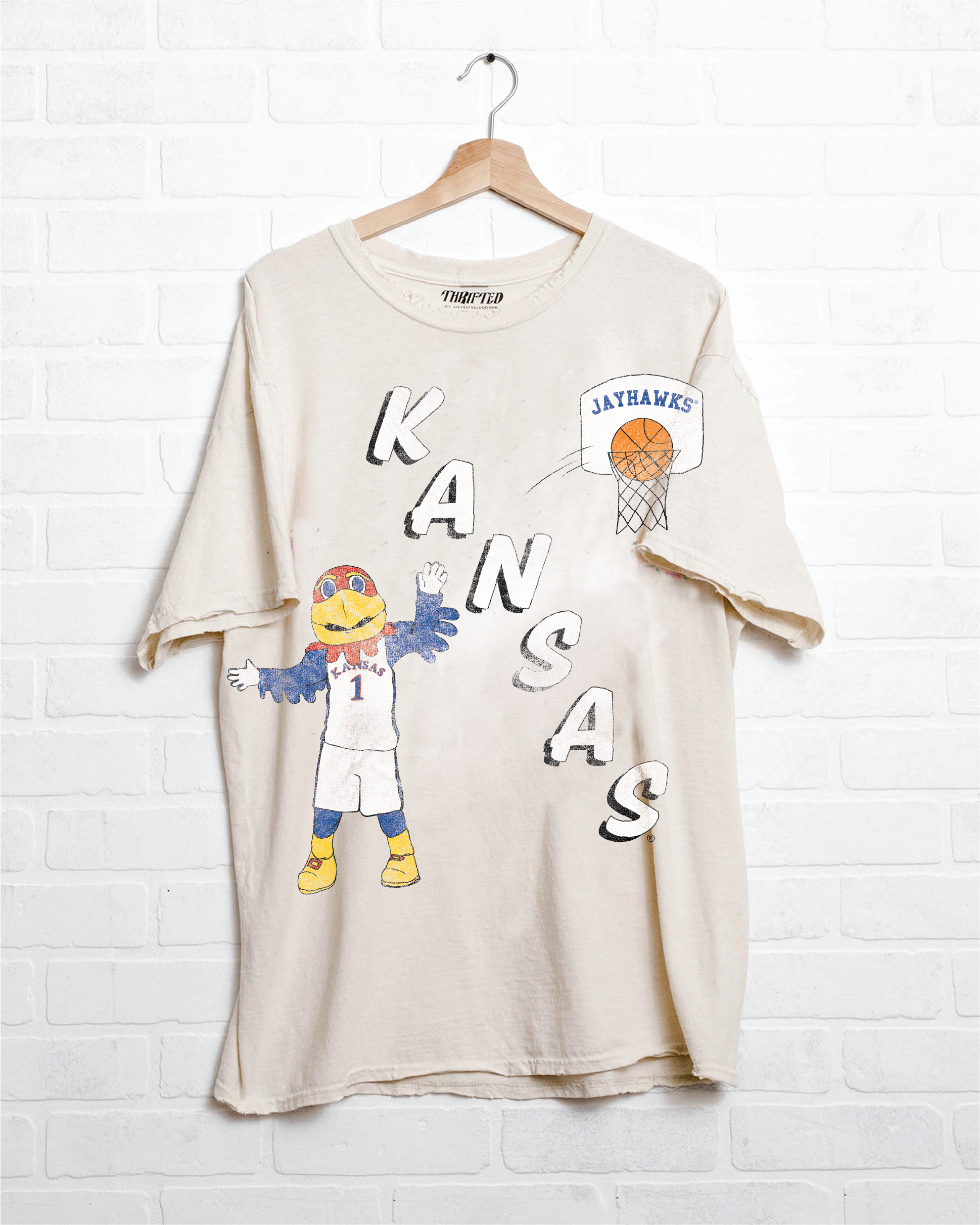 Ku Jayhawks Retro Basketball Off White Thrifted Tee