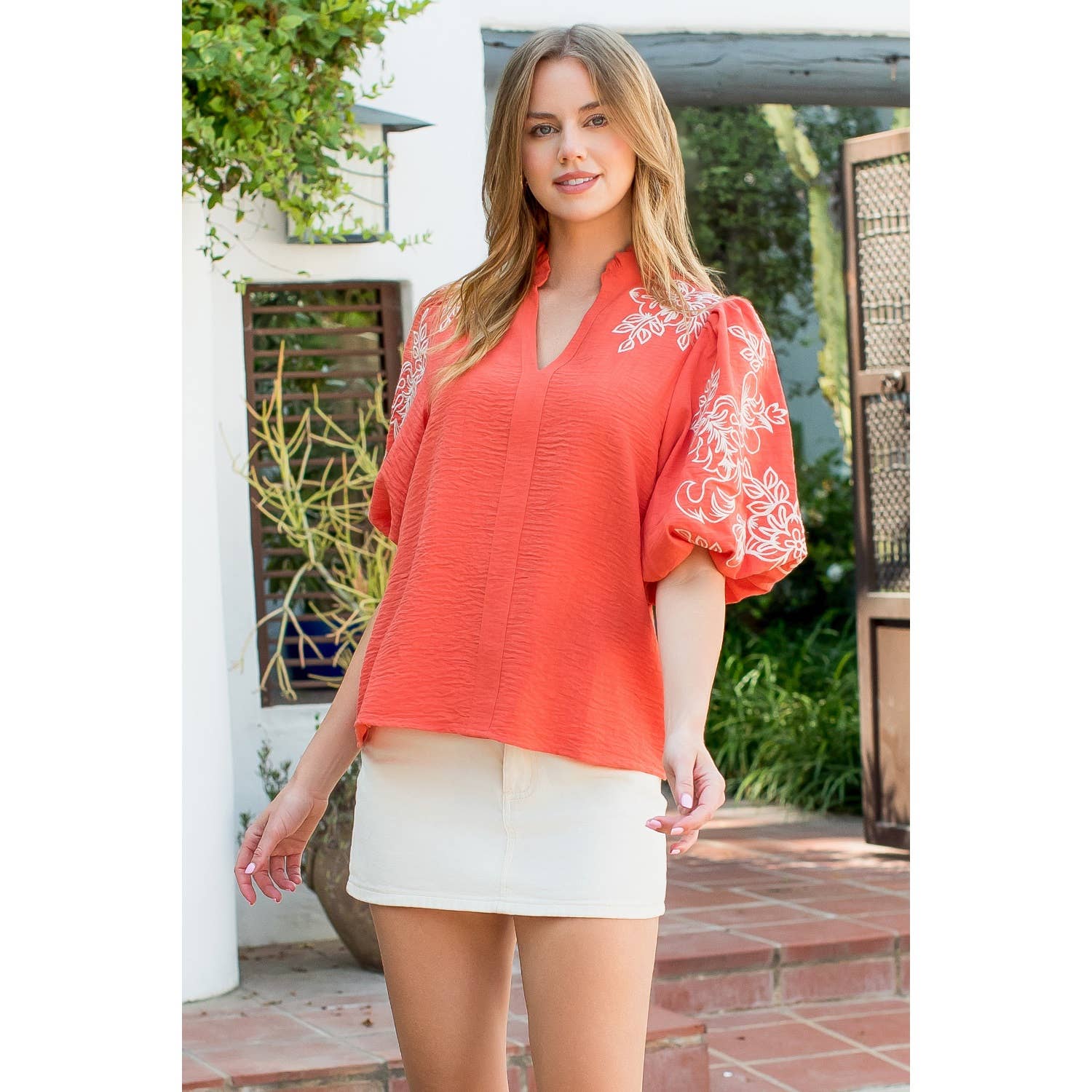 Embroidered Puff Sleeve Split Neck Top