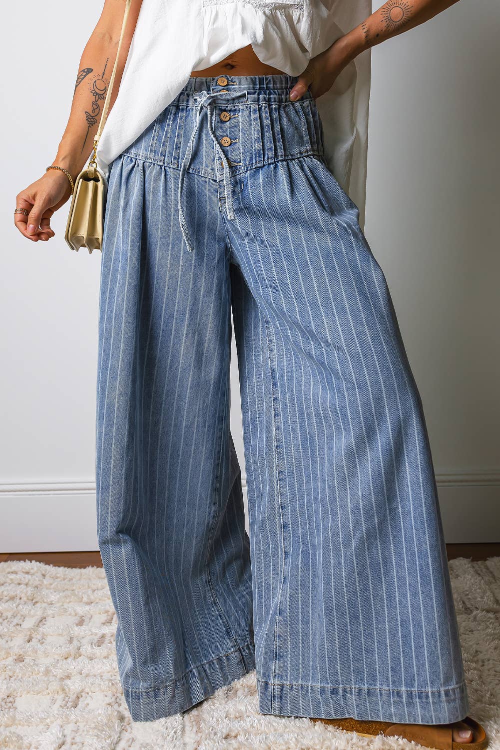 Plus Size Button Pleated Drawstring Waist Wide Leg Jeans