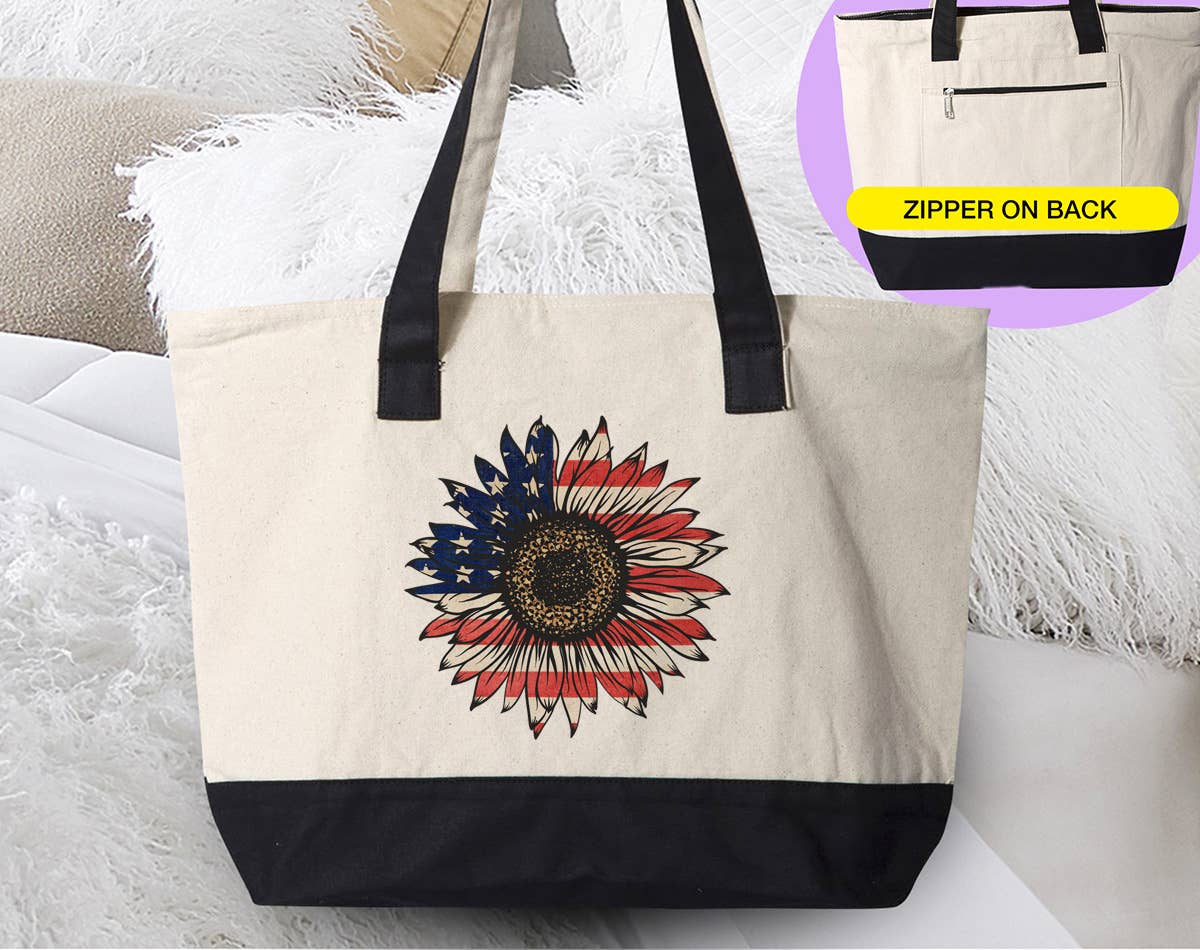 4th of July - Sunflower American Flag - Canvas Tote