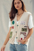 Boho Graphic Knit Vest with Patch Pockets