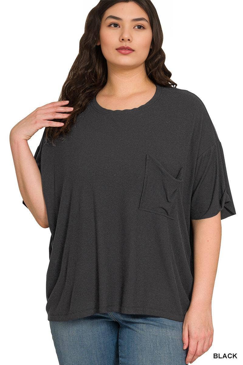 1203 Plus Oversized Ribbed Round Neck Short Sleeve Tee SI-27398