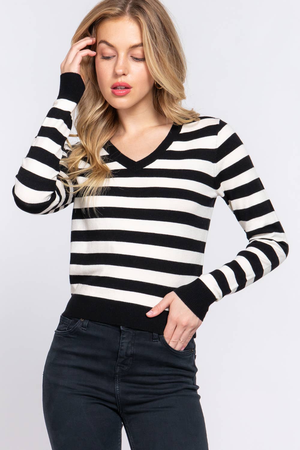 .SI-24973 Long Slv V Neck Stripe Sweater