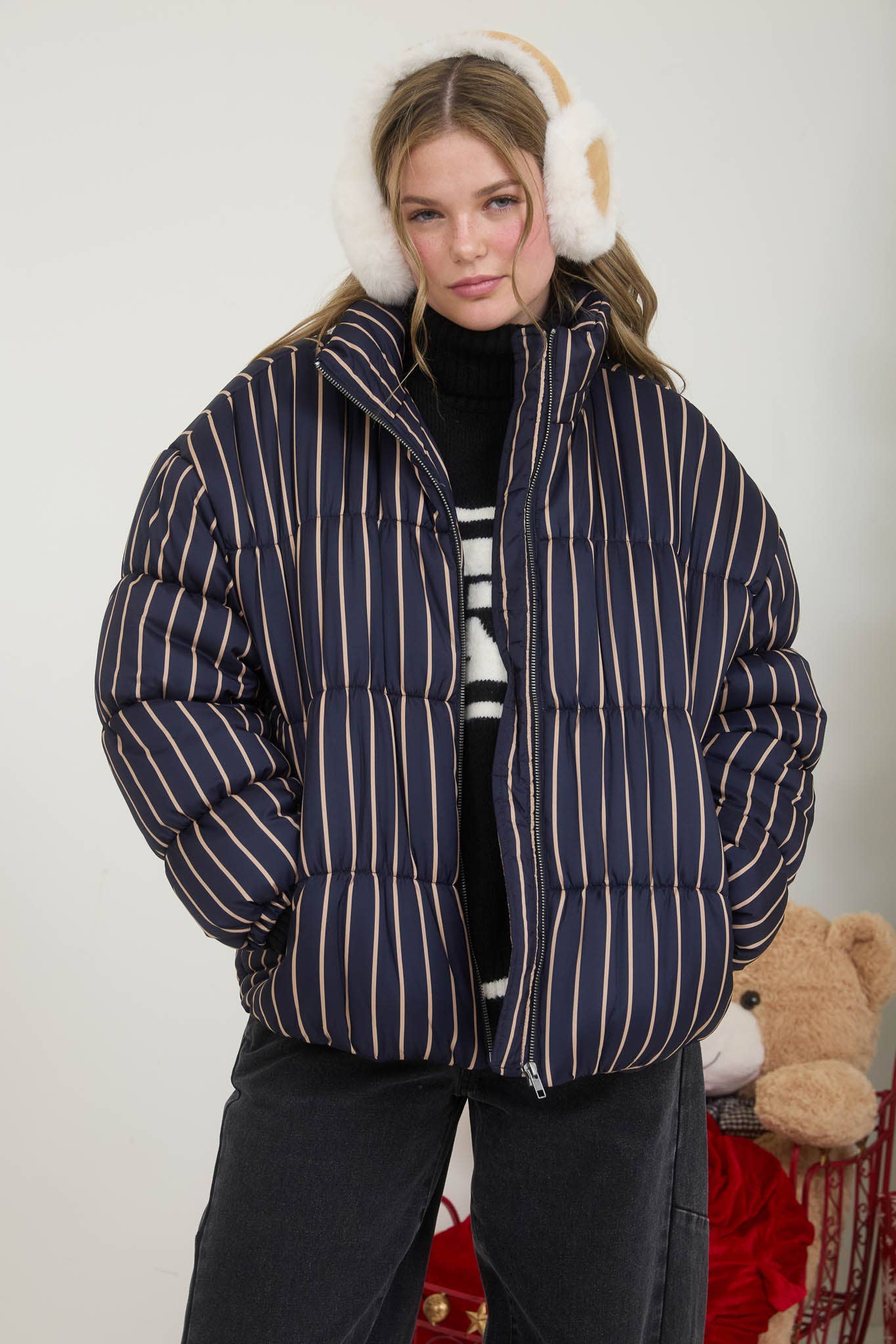 Striped High Neck Puffer Jacket