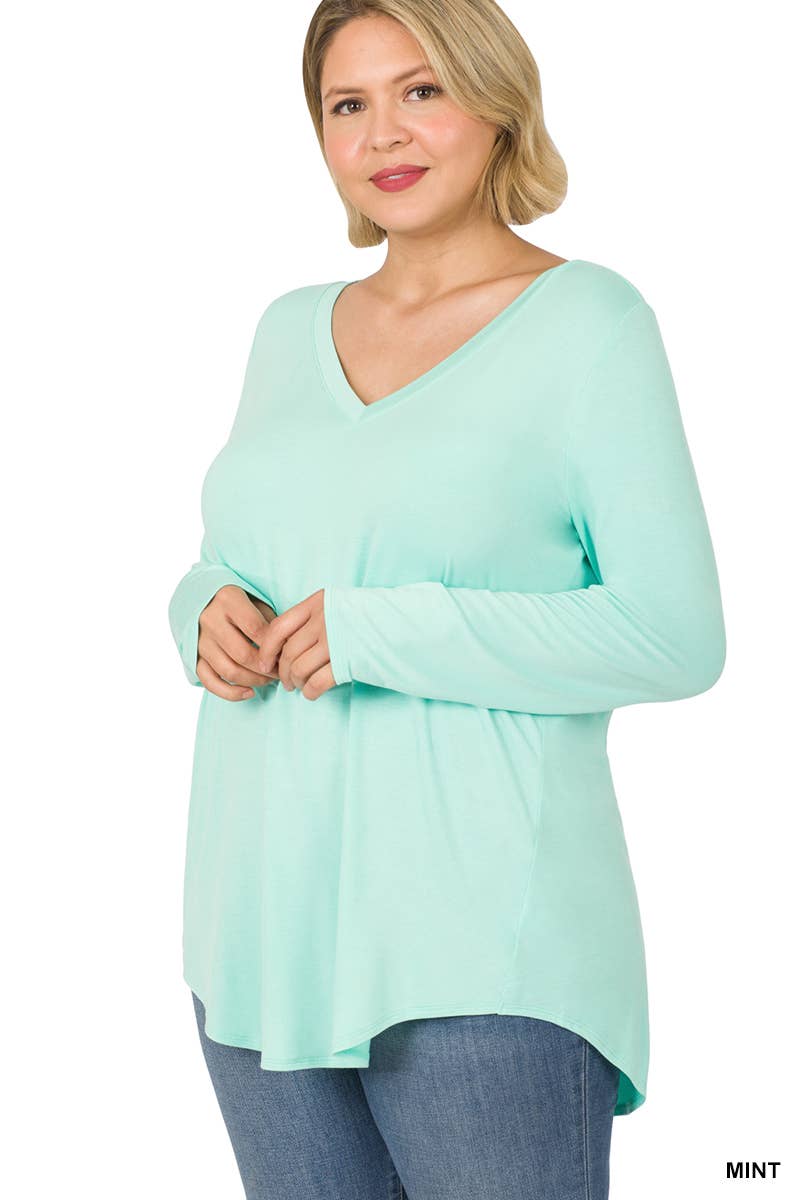...SI-15547 Plus Size Luxe Rayon Long Sleeve V-Neck Hi-Low Hem Top