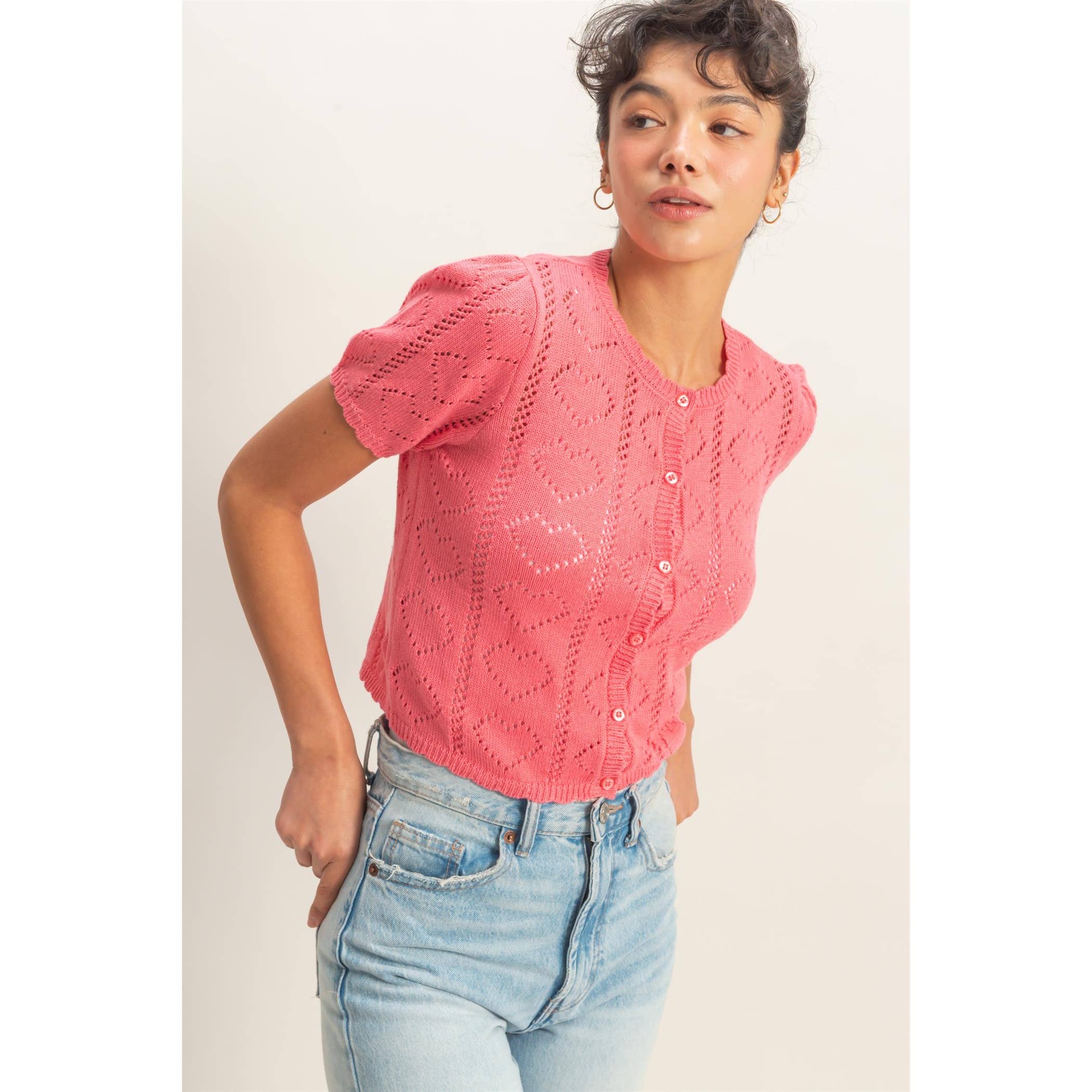 Pointelle Knit Puff Sleeve Button Up Cardigan