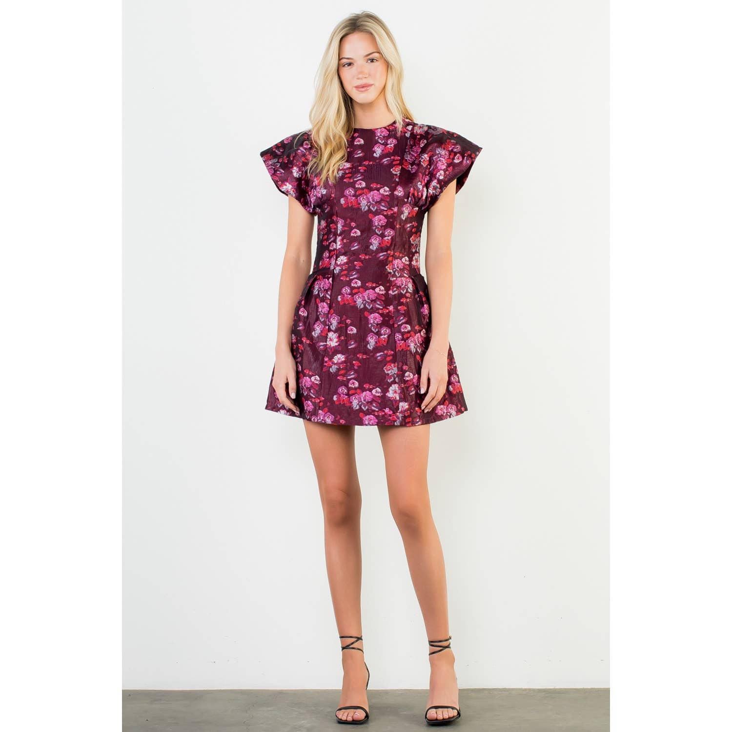 Short Sleeve Floral Print Textured Dress