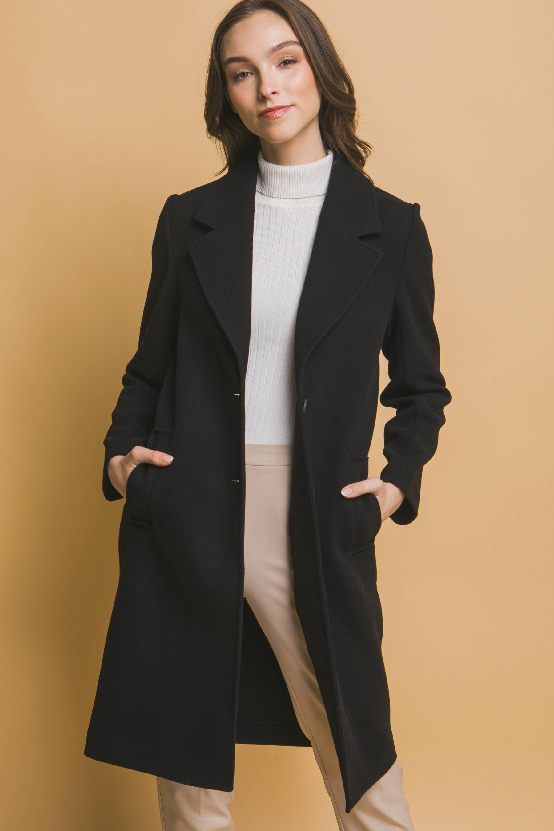 Notched Lapel Long Sleeve Buttoned Coat