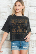 Women Blessed Graphic Print Mineral Wash Crop Top