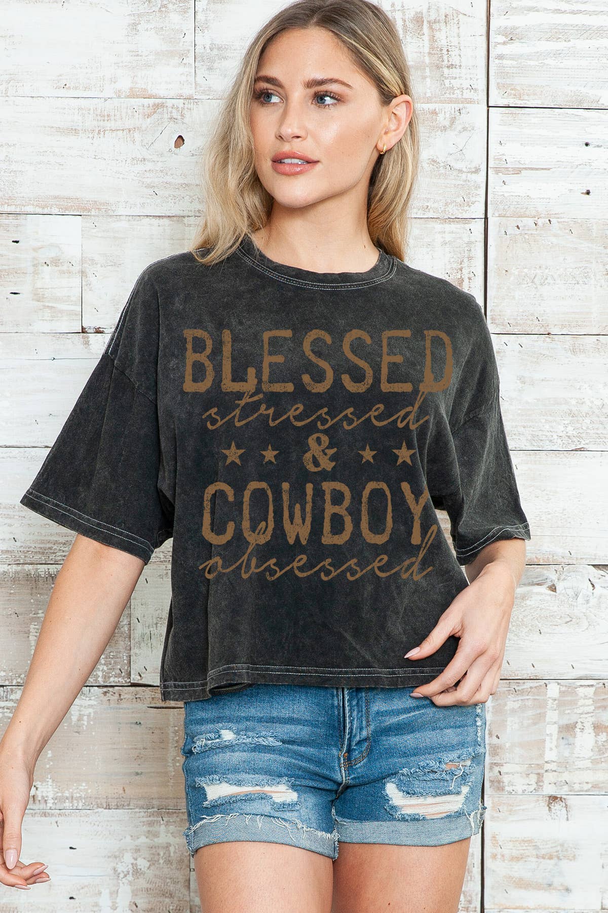 Women Blessed Graphic Print Mineral Wash Crop Top
