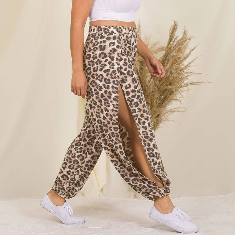 ,,,...SI-22153 Plus Leopard Split Side Pants  Elastic Waist