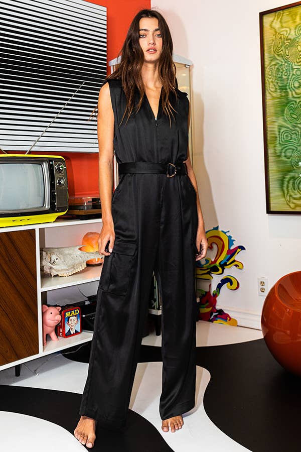 IR5317 Zip Up Silky Cargo Jumpsuit with Waist Belt